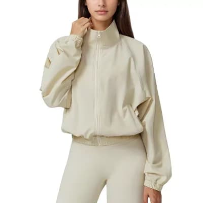 Women's Zip-Up Activewear Jacket with High Collar Long Sleeves and Relaxed Elastic Hem
