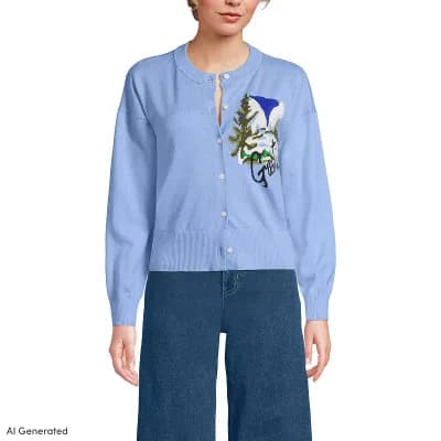 Women's Lands' End Cropped Placed Jacquard Fine Gauge Crew Neck Cardigan Sweater