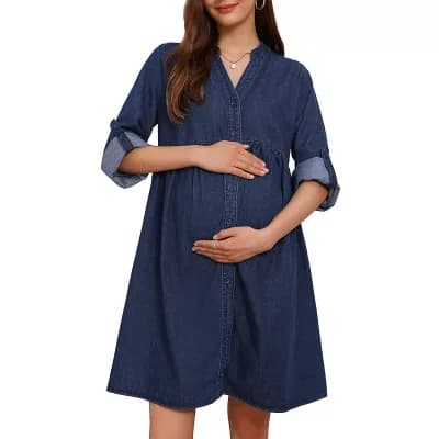 Women's Maternity Denim Dress Babydoll Long Sleeve Cotton Button Down Shirt Dresses