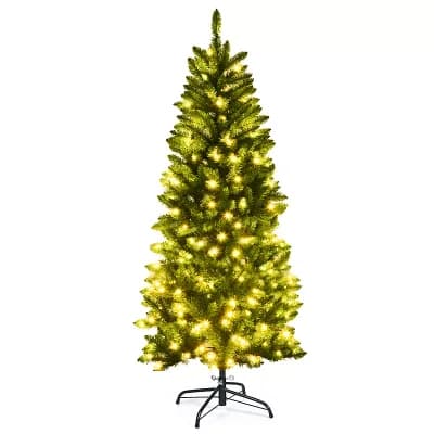 Costway 5/6/7 FT Pre-Lit Pencil Christmas Tree Hinged with 150/250/350 LED Lights