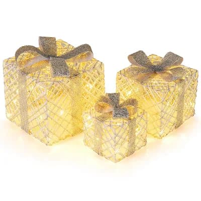 Costway 3 Pack Christmas Lighted Gift Box with 50 LED Lights Detachable Bows for Yard