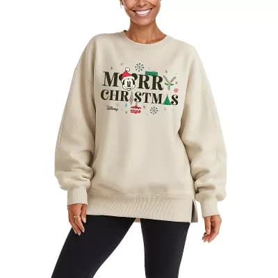 Women's Disney's Mickey Mouse Merry Christmas Oversized Fleece Crew Sweatshirt