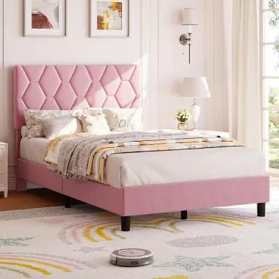Bed Frame w/Upholstered Headboard, Platform Bed Frame with Strong Wood Slats, Noise Free