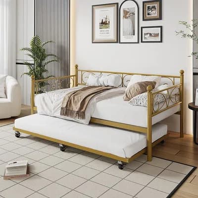 Twin Daybed w/Trundle, Metal Trundle Bed, Sofa Bed Frame, Heavy Duty Metal Slats, for Living Room