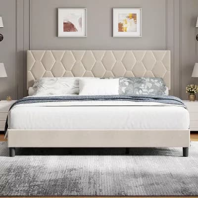 Bed Frame w/Upholstered Headboard, Platform Bed Frame w/Strong Wood Slats, No Box Spring Needed
