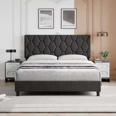 Bed Frame with Upholstered Headboard, Heavy-Duty Platform Bed Frame with Strong Wood Slats