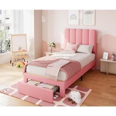 Twin Bed Frame with Under-Bed Drawer, Boucle Upholstered Platform Bed with Wave Headboard for Kids