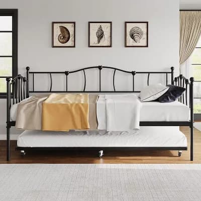 Metal Twin Daybed W/Trundle Bed, Twin Size Day Bed W/Pullout Trundle& Headboard,Metal Sofa Bed Frame