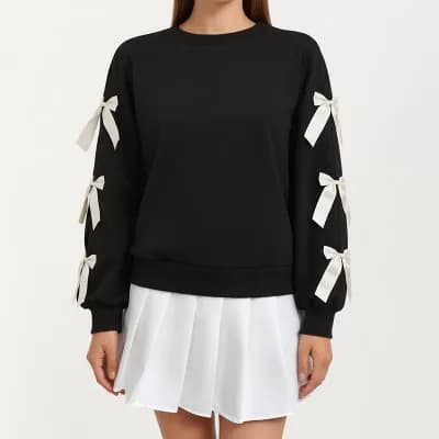 Women's Long Sleeve Pullover Sweatshirt with Ribbon Bow Tie Details on Sleeves