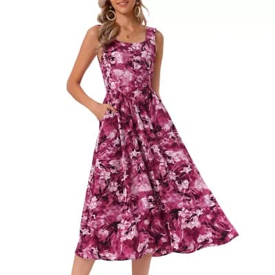 Sleeveless Floral Dress for Women's Summer Midi Dress Square Neck Flowy Sundress with Pockets