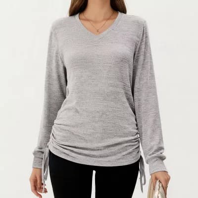 Women's Long Sleeve V-Neck Top with Side Drawstring Ruched Hem