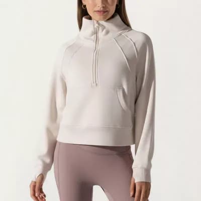 Womens's Long Sleeve Half Zip Pullover Sweatshirt with High Collar and Kangaroo Pocket