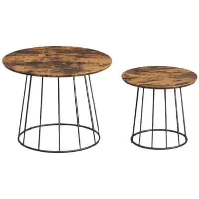 2 pc Round Coffee Table Set for Living Room or Sofa Side with Wood-Grain Tops - Rustic Brown