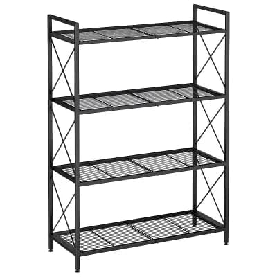 Black Metal Shelf Unit with X-Side Bars, Adjustable Feet for Home Organization