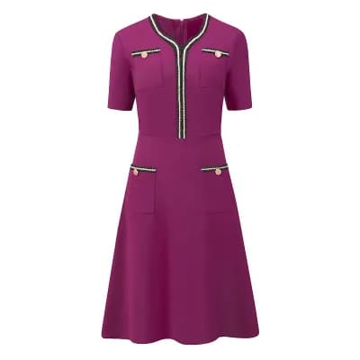 Women's Tweed Trim Dress with Pockets V Neck Short Sleeve A-Line Dress