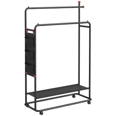 Double-Rod Rolling Garment Rack with Shelf for Bedroom or Closet Storage - Ink Black