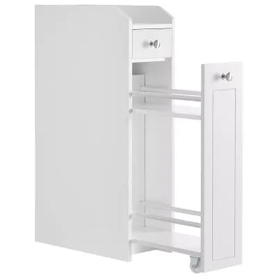 Slim Cloud White Bathroom Storage Cabinet with Drawer and Pull-Out Bottom Bin