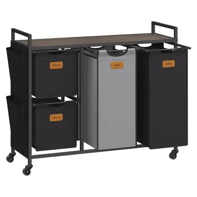 Adjustable Laundry Cart with Removable Baskets, Top Shelf and Side Pockets
