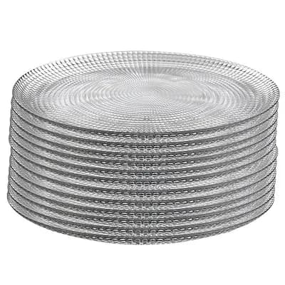 Clear Glass Dinner Plate Set of 12, 10.75-Inch Round Swirl Design with Beaded Edge
