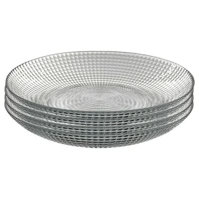 Clear Glass Soup Plate Set of 4, 8-Inch Round with Swirl Pattern and Beaded Detail