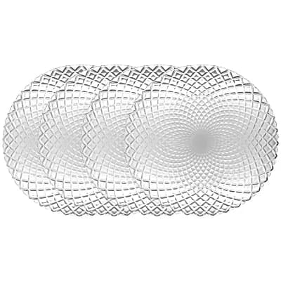 Clear Glass Dinner Plate Set of 4, 10.5-Inch Round with Diamond Pattern and Peacock Detail