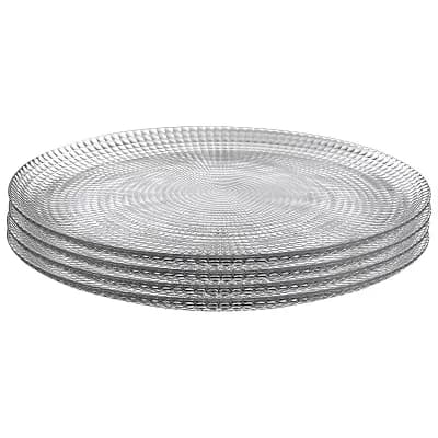 Clear Glass Dinner Plate Set of 4, 10.75-Inch Round Swirl Design with Beaded Edge