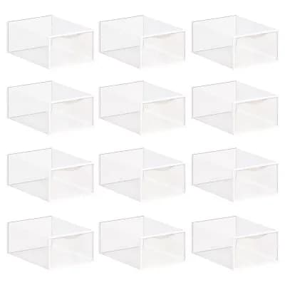 Stackable Shoe Storage, 12 Clear Plastic Boxes, Space-Saving Design