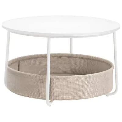 Round Coffee Table with Fabric Storage Basket for Living Room or Family Space - Matte White