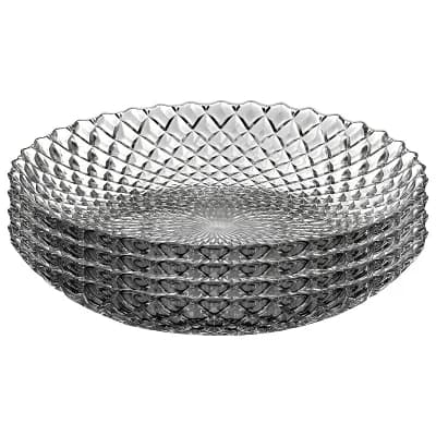 Set of 4 Clear Glass Soup Plates with Diamond Peacock-Inspired Pattern, 8-Inch Round