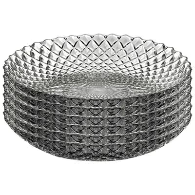Set of 6 Clear Glass Soup Plates with Diamond Peacock-Inspired Pattern, 8-Inch Round