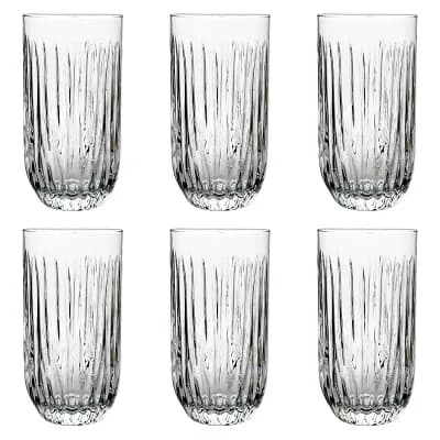 14 oz Clear Glass Tumblers Set with Linear Grooves - Set of 6