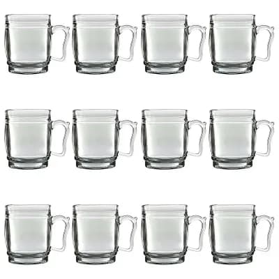 Set of 12 Clear Glass Mugs, Round Shape, 13 oz Beverage Cups with Handles