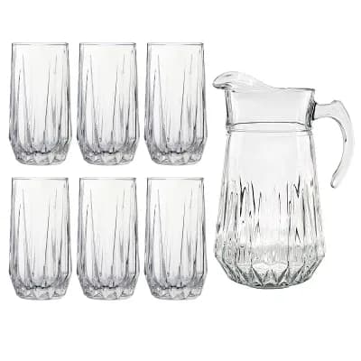 Glass Pitcher and Tumbler Set, 75 oz Pitcher with Six 14 oz Diamond-Cut Glasses - Clear