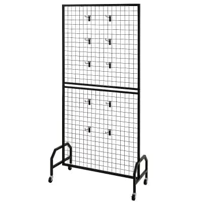 Mobile Wire Grid Wall Display with 4 Panels and Rolling Casters for Home or Retail Use - Black