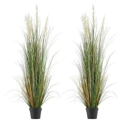 Artificial Reed Grass Plants Set of 2 with Pots, Tall Blades and 5 Reed Flowers Each