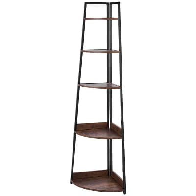 Five-Tier Corner Bookshelf 17x17x70 in Black and Brown for Living Room or Office