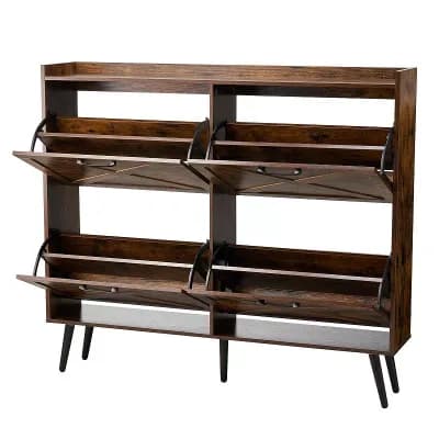 Tall Narrow Shoe Cabinet with 4 Flip Drawers for Hallway and Living Room - Brown