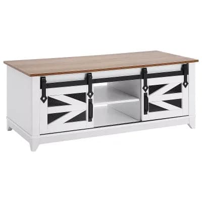 Farmhouse Coffee Table with Sliding Barn Doors and Storage Shelves