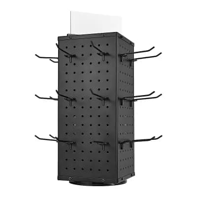 Rotating Pegboard Display Stand with 24 Hooks for Countertop Organization Black