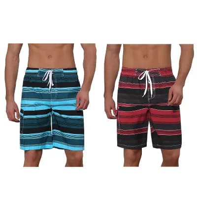 2 Packs Men's Drawstring Stripes Printed Color Block Beach Pool Board Shorts
