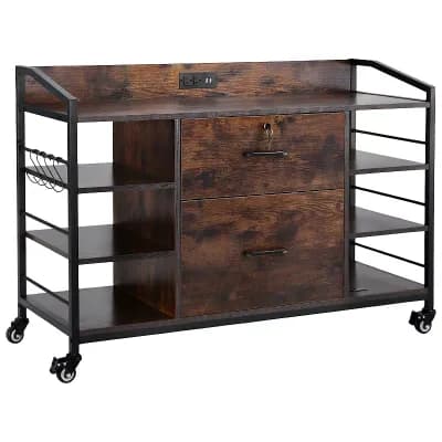 Office File Cabinet on Wheels with Power Strip, USB Ports, and Storage Hooks