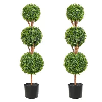 48" Artificial Boxwood Topiary Trees Set of 2 Three-Ball Design for Indoor or Outdoor Decor