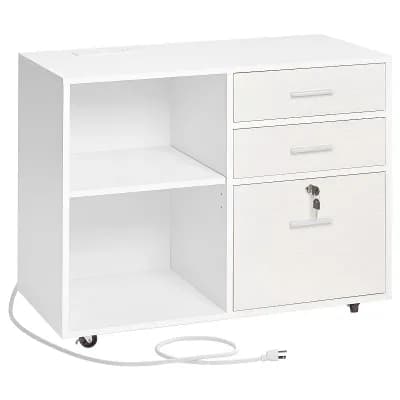 Mobile File Cabinet with Top Surface, LED-Illuminated Shelves, and Lockable Drawer - White