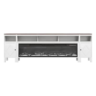 Farmhouse 100" TV Console with 60" Electric Fireplace and Media Storage Cabinets White