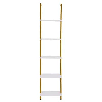 5 tier Wall Mounted Pipe Shelving Unit in Gold and White for Kitchen or Living Room Storage