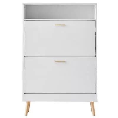 White Flip-Front Shoe Cabinet 2-Drawer Slim Entryway Storage with Wood Legs