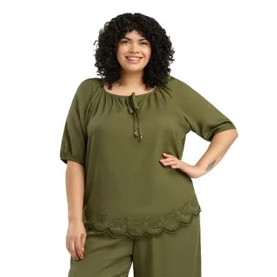 Plus Size AB Studio Eyelet Scallop Hem Split Neck Top
