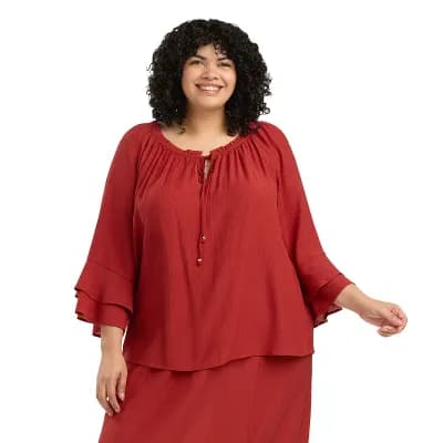 Plus Size AB Studio Double Ruffle Sleeve Split Neck Top
