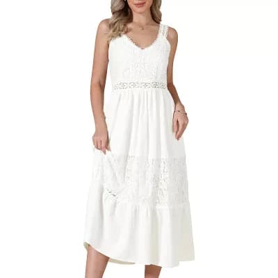 Beach Dresses for Women V Neck Crochet Lace Hollow Out Spaghetti Strap Midi Dress