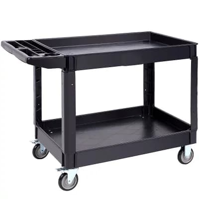 Two-Tier Workshop Cart with Lipped Shelves and Swivel PVC-Coated Wheels - Black